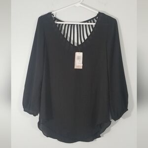 Philosophy NWT Blouse. Sheer Black. Back Cutout. V-Neck. Loose Fit. Size XS.